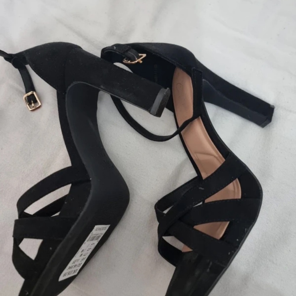 New Look Black Strappy Heels with Gold Buckle